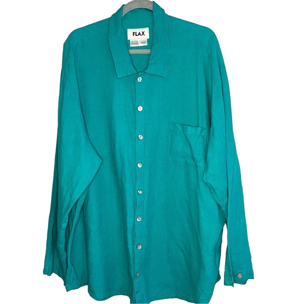 FLAX Turquoise Linen Button Front Oversized Shirt Top Size Tall Large